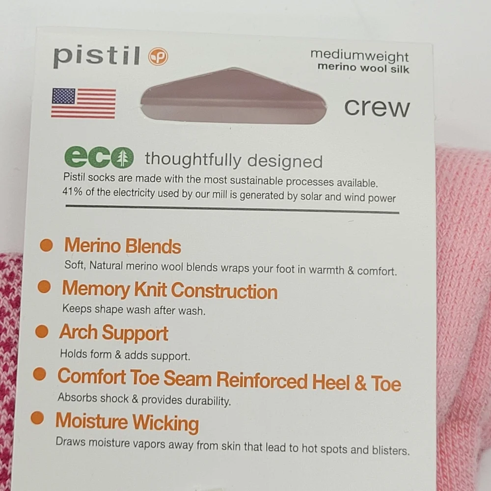 Pistil Astrid Crew Socks Merino Wool Silk Blend Pink Snowflake Womens Medium NEW